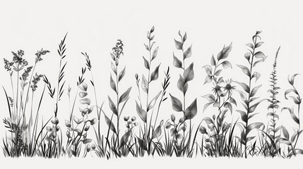 Detailed black and white drawing of grass and flowers. Suitable for educational materials