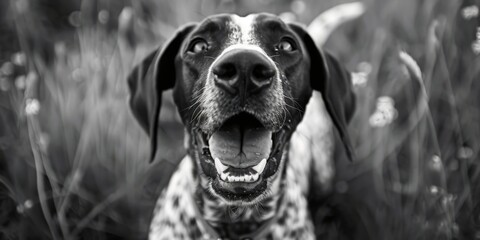 Black and white photo of a dog with its mouth open. Suitable for pet-related designs - obrazy, fototapety, plakaty