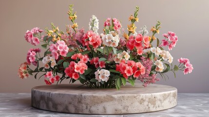   A collection of pink and white blossoms resting atop a white marble pedestal upon a white marble surface
