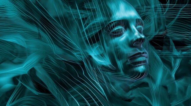 Artificial Intelligence AI human face hologram construct in digital space realm coding computer programing abstract background