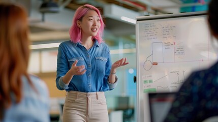 Woman talking in front of colleagues in office meeting room Asian female in jean shirt and white pant white board with text and diagram graphs