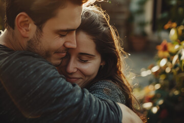 Fototapeta premium A man and woman hugging with their eyes closed
