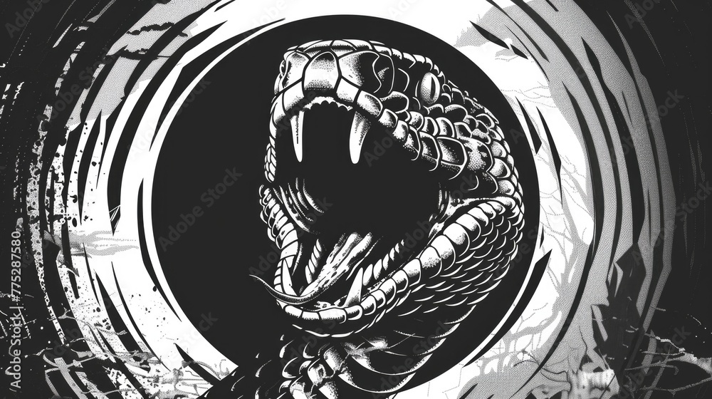 Poster a striking image of a snake with its mouth open. suitable for educational materials or wildlife docu