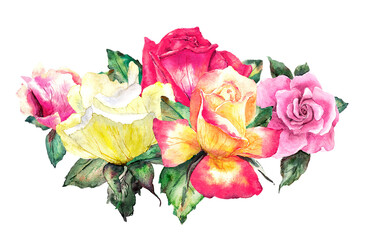 Color image of a flower bouquet of multi-colored roses with leaves