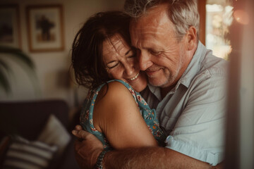 A man and woman hugging each other and smiling