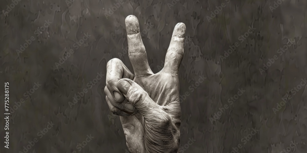 Poster A hand making a peace sign gesture. Suitable for various designs and concepts