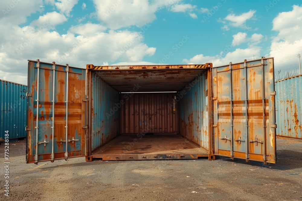 Poster an empty container sitting in a parking lot, suitable for transportation or logistics concepts