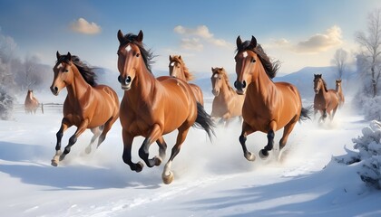 horses galloping freely through a snowy landscape. - obrazy, fototapety, plakaty
