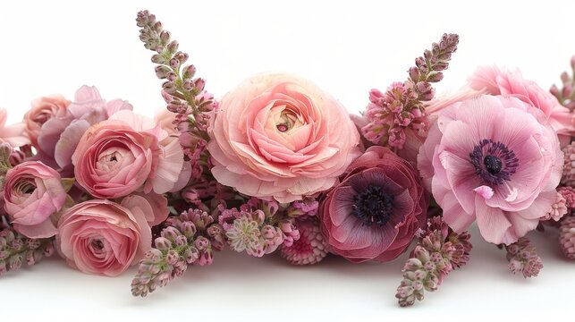   A close-up photo of several flowers on a white backdrop, featuring pink and purple blossoms in the center of the frame