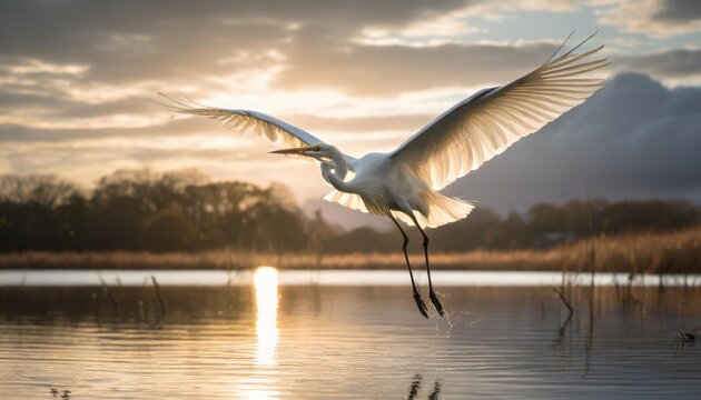 white egret in flight over water in nature background