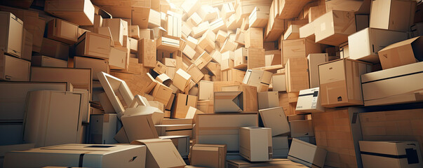 A pile of diverse unnamed boxes in small warehouse.