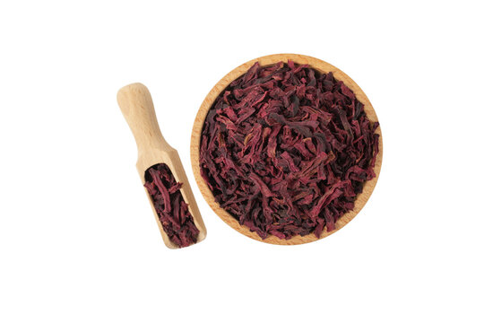 Dried beetroot slices in wooden bowl and scoop isolated on white background. food ingredient.
