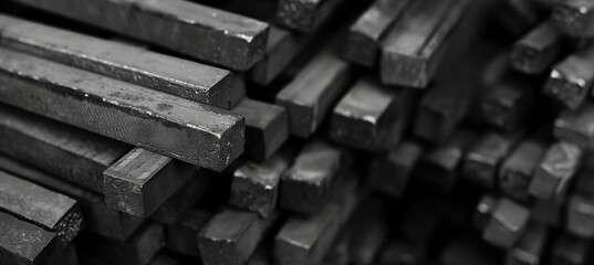 Monochromatic image accentuating the patterns and alignment of stacked square metal bars