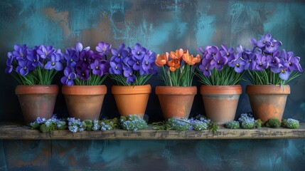   Purple and orange flowers on top of each other in front of a blue wall