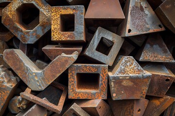 Intricate close-up of various rust-covered metal profiles highlighting shapes and industrial use