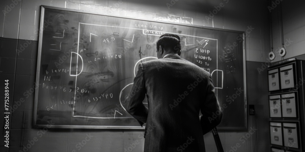 Poster a man standing in front of a blackboard, suitable for educational concepts
