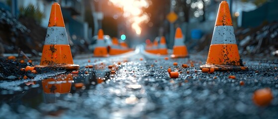 Urban Planning: Sunlit Road and Orange Traffic Cones Indicating Ongoing Construction. Concept Landscape Photography, Cityscape, Urban Development, Infrastructure Projects, Transportation Planning - obrazy, fototapety, plakaty