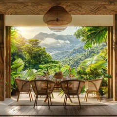 A dining room with a stunning view of the mountains. Perfect for interior design and travel concepts - obrazy, fototapety, plakaty