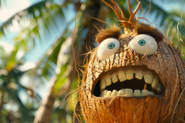 Crazy coconut with wacky face in front of blurred tropical palm tree