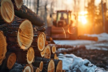 Forestry scene with timber logs in foreground and heavy machinery in the background bathed in the warm glow of sunset