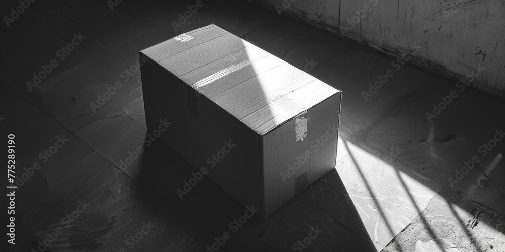 Poster a black and white photo of a box in a room. suitable for various projects