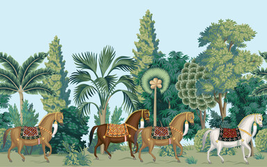 Horses animals, trees, plants and palms seamless border. Forest botanical wallpaper.	