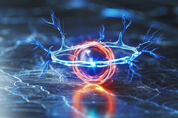 Abstract depiction of a neon blue synaptic transmission with electric impulses on a textured surface