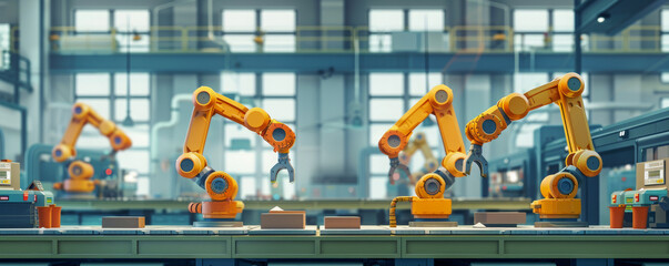 Robotic arm machinery in operation at manufacturing plant, symbolizing industrial efficiency and automation. Multiple robotic arms performing automated tasks with accuracy and speed - obrazy, fototapety, plakaty