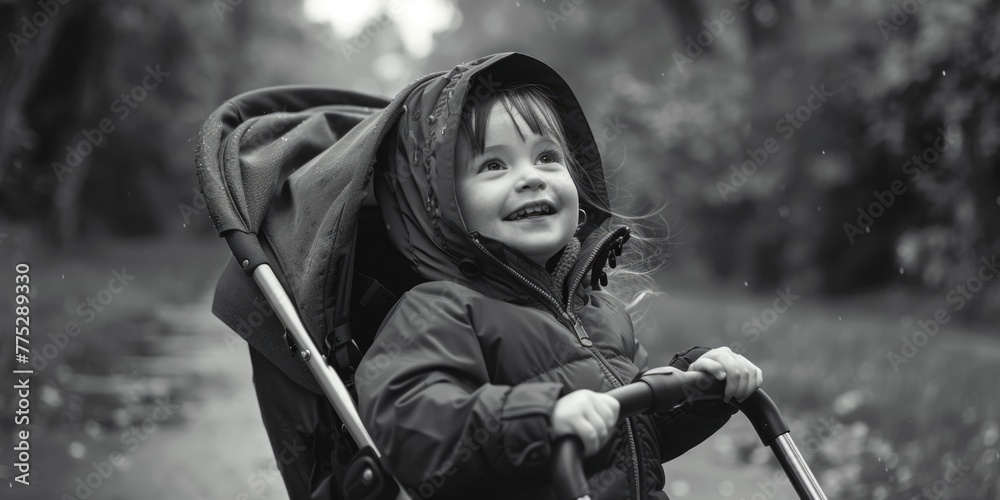Poster a little girl sitting in a stroller in the rain. suitable for weather-related concepts
