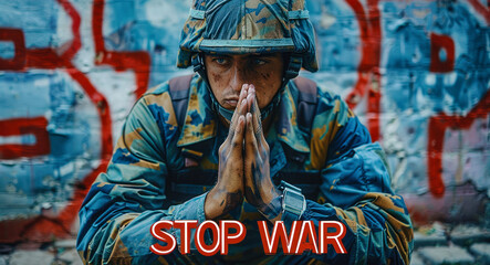 Powerful STOP WAR message depicted through clasped hands in solidarity against a backdrop of a soldier, evoking peace and anti-war sentiment - obrazy, fototapety, plakaty