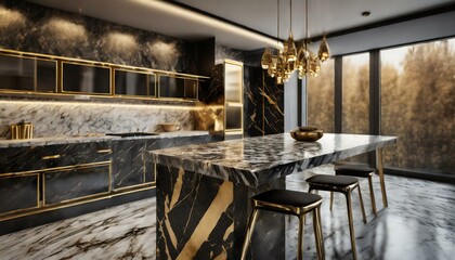 Chic Contrast: Luxury Golden and Black Marble Kitchen