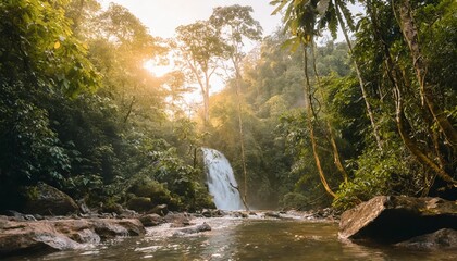 Fototapeta na wymiar generative ai beautiful green amazon forest landscape rainforest jungle with waterfalls