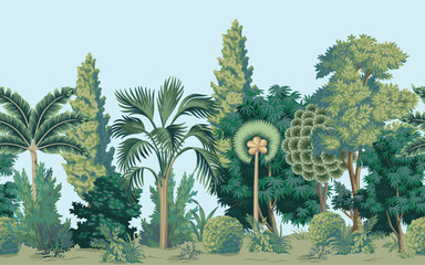 Landscape mural with trees, plants, palms and water. Forest border.	 - 775289703
