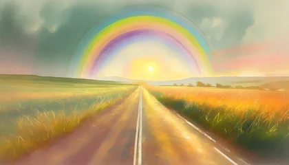 Foto op Plexiglas abstract landscape with road rainbow sun and grass depicted in a surreal manner used for coloring and background illustrated in raster format © joesph