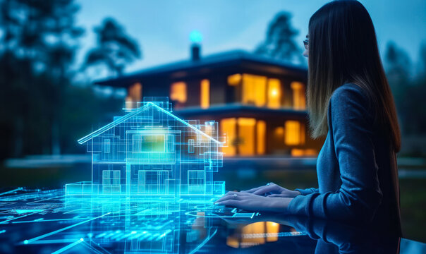 Futuristic real estate concept with a holographic projection of a house and a businesswoman, symbolizing advanced property technology and innovation in the housing market