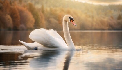 illustration of a calm nature scene with a beautiful white swan in the lake dramatic lighting of this beautiful ethereal graceful bird generative ai