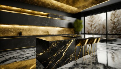 Luxurious Abode: Modern Golden and Black Marble Kitchen - obrazy, fototapety, plakaty