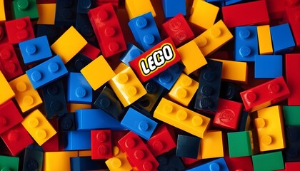 Fototapeta na wymiar Close up of colorful Lego blocks with the Lego logo. Illustrative editorial