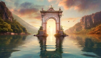 the light of evden a portal ancient gate in the middle of the waters waters in the celestial sphere of peace neverland dreamy cosmic beings surrounding in naturef 3d rendering