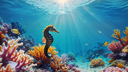 A beautiful seahorse swims next to colorful coral reef. Sun shines through surface of the ocean. Generative AI.