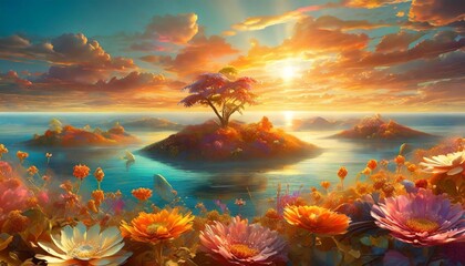 a surreal psychedelic dreamscape of floating islands morphing flowers and transcendent beings in a dazzling display of colors