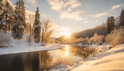 amazing snowy landscape midst of winter the enchanting beauty of nature emerges as the pure white snow blankets the land winter landscape winter trees and river winter background banner - obrazy, fototapety, plakaty
