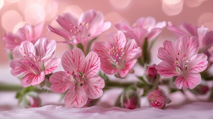   A group of pink flowers sits on a white tablecloth with a pink tablecloth underneath