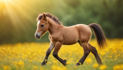 Little pony foal play on a meadow with yellow flowers.