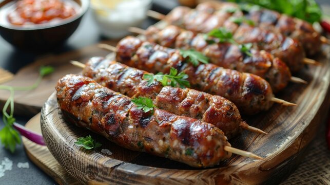Egyptian dish Mombar sausages, on a wooden board.