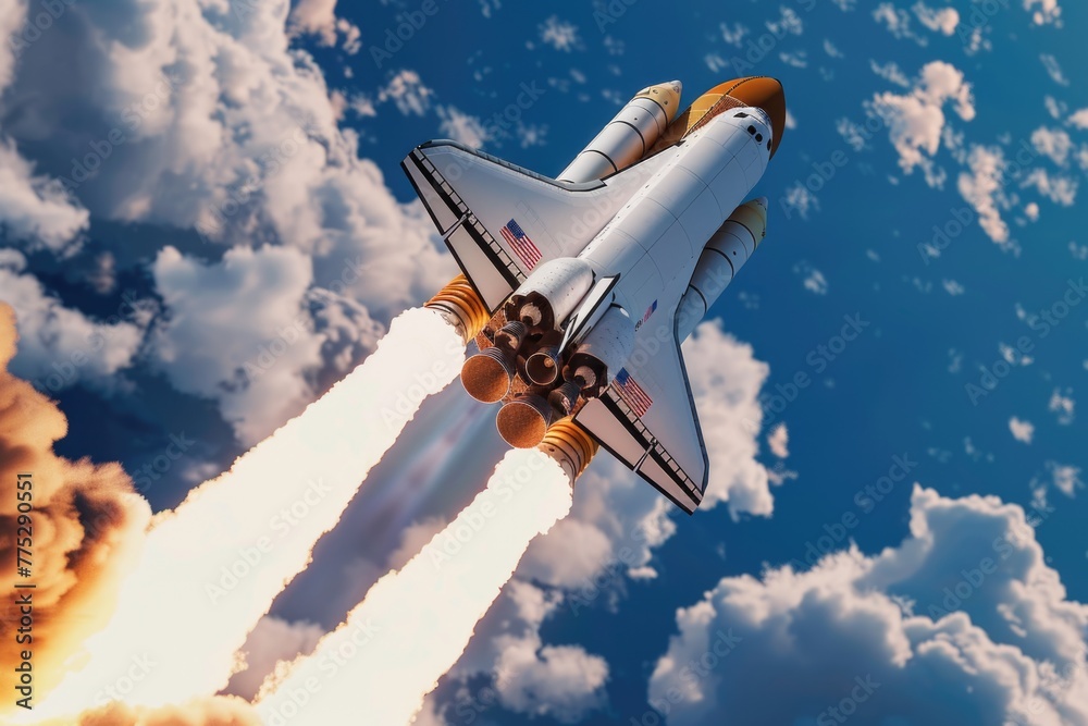 Poster A space shuttle taking off into the sky. Suitable for science and technology concepts