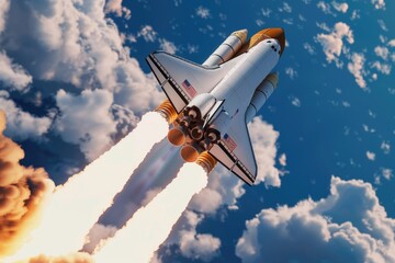 A space shuttle taking off into the sky. Suitable for science and technology concepts