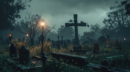 A haunting image of a cemetery at night with a cross in the foreground. Suitable for spooky or Halloween-themed projects - obrazy, fototapety, plakaty