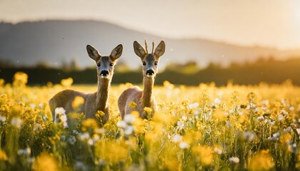 roe deer capreolus capreouls couple int rutting season staring on a field with yellow wildflowers two wild animals standing close together love concept