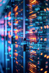Vibrant server rack with digital overlay, representing data flow and processing in technology. Dynamic server racks with floating digital numbers symbolizing the active data processing environment